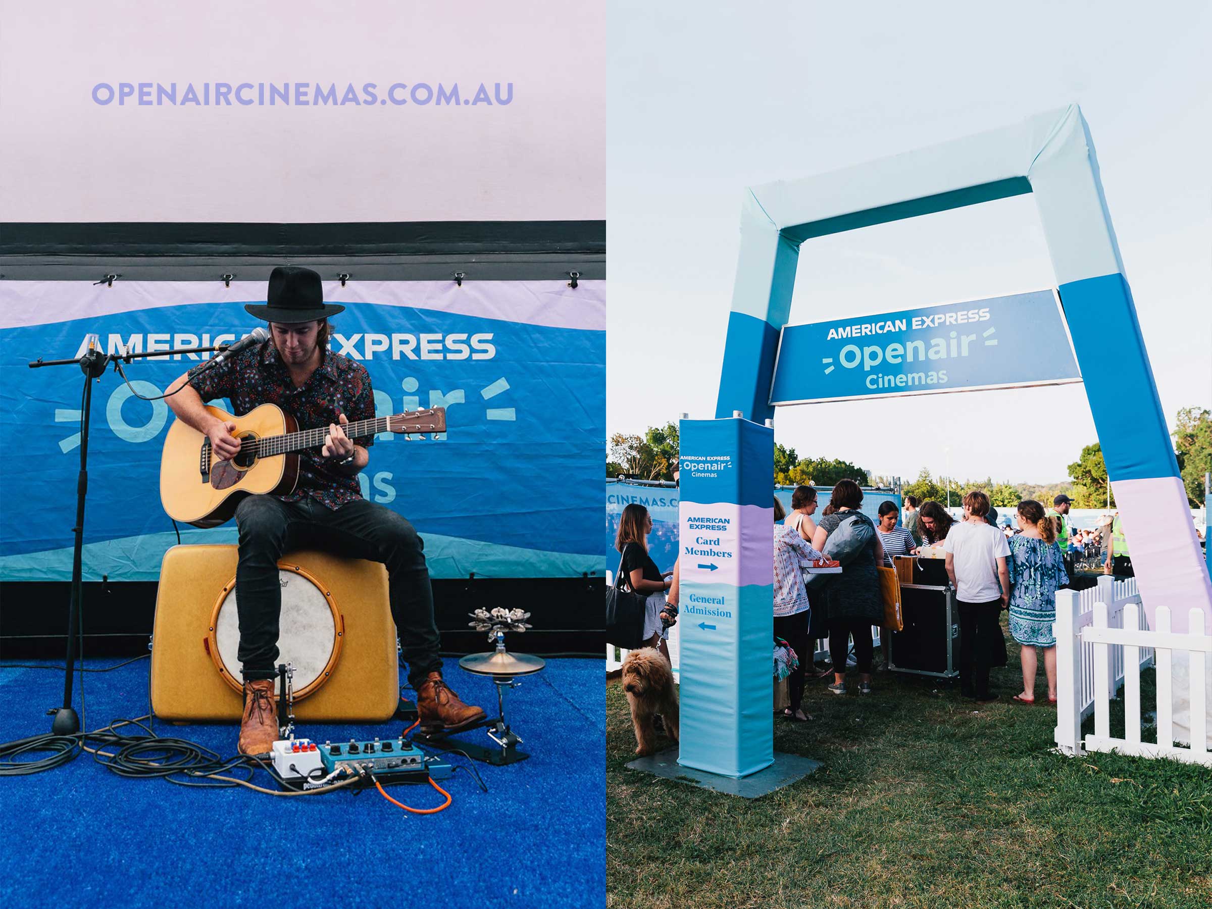 Made-Somewhere-Blog-Post-Developing the American Express Openair Cinemas Brand- Graphic design of branded entry arch and wayfinding at the event in bright colours and a musician playing the guitar